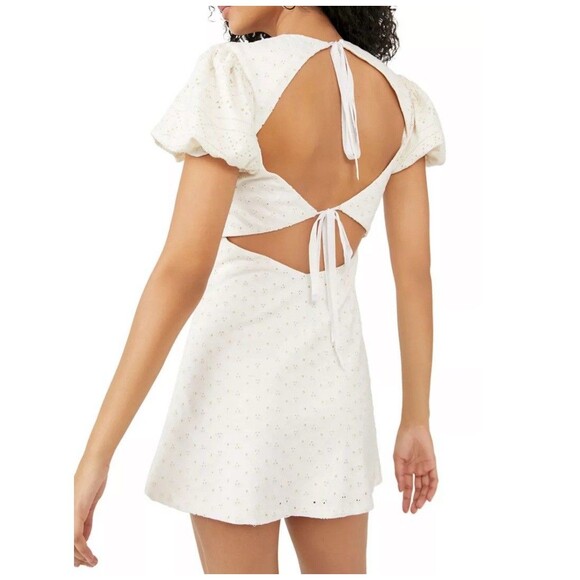 FREE PEOPLE Apricot Rose Eyelet Mini Dress with Puff Sleeve, White, XS $138 NWT - Picture 2 of 12